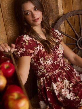 NWT Blu Pepper Floral Burgundy Puff Sleeve Dress